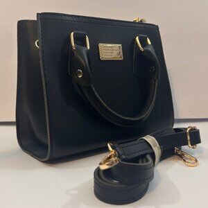 Mini Structured Top-Handle Satchel - Black Faux Leather Gold Hardware Crossbody